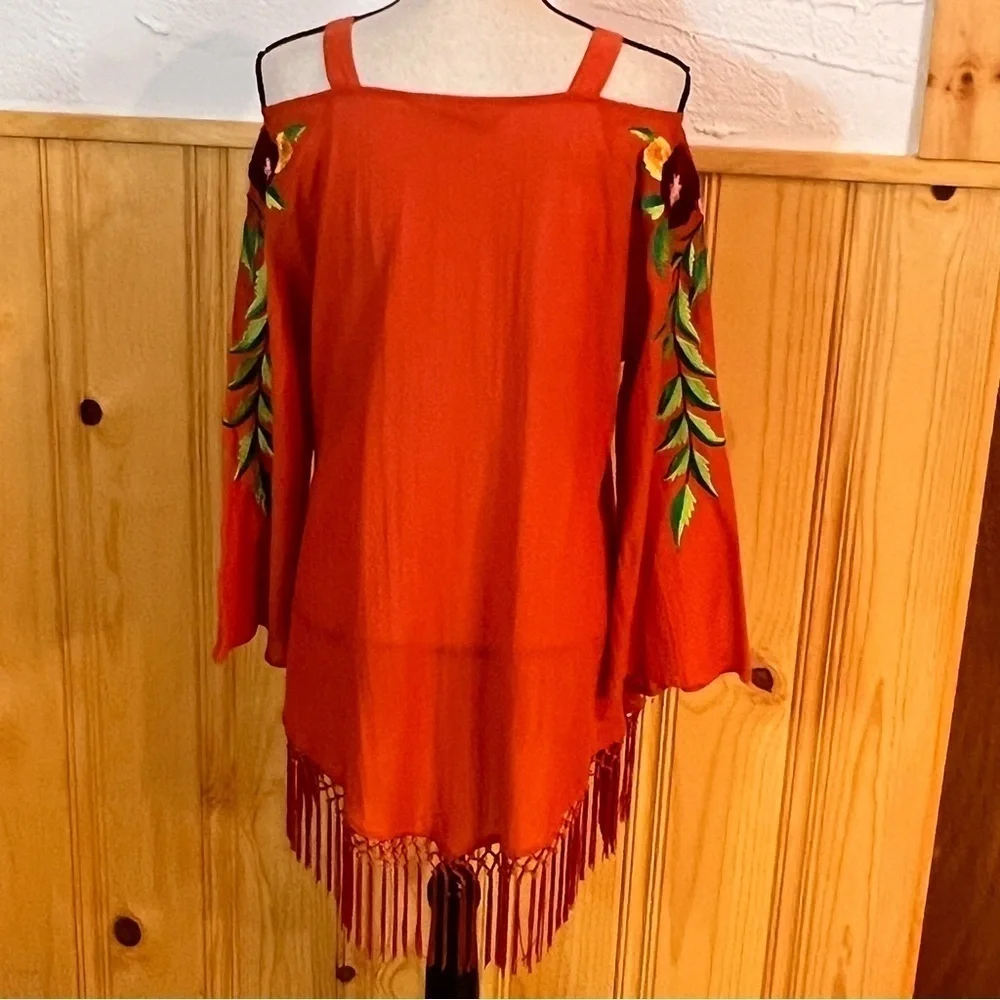 Roja Orange Embroidered Cold Shoulder Tunic Top Sz-M - Picture 6 of 11